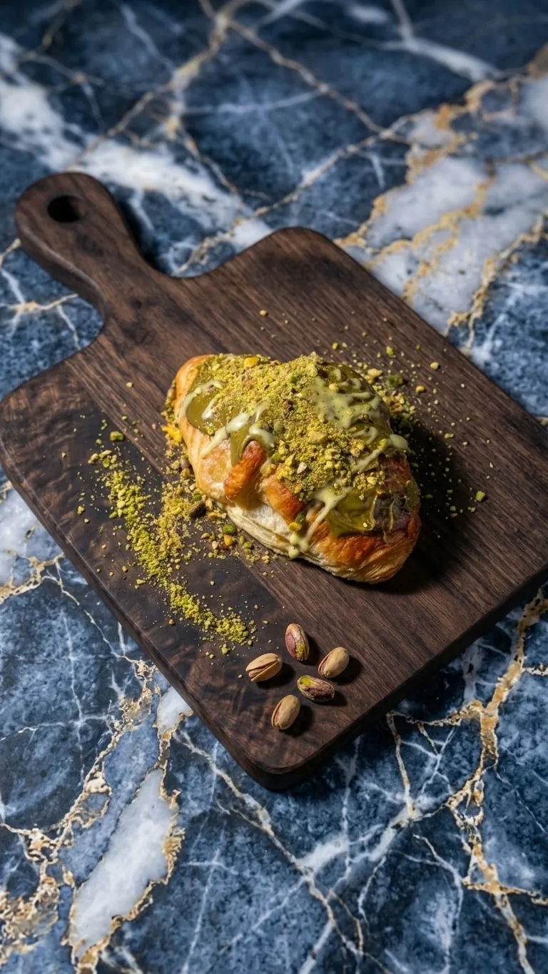 Pistachio croissant on wood board