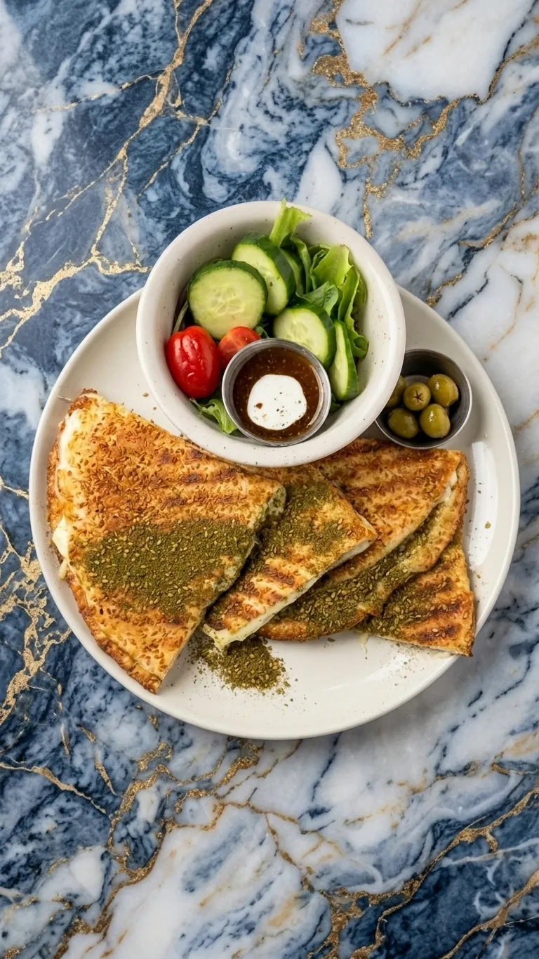 Za'atar manakish with salad and olives